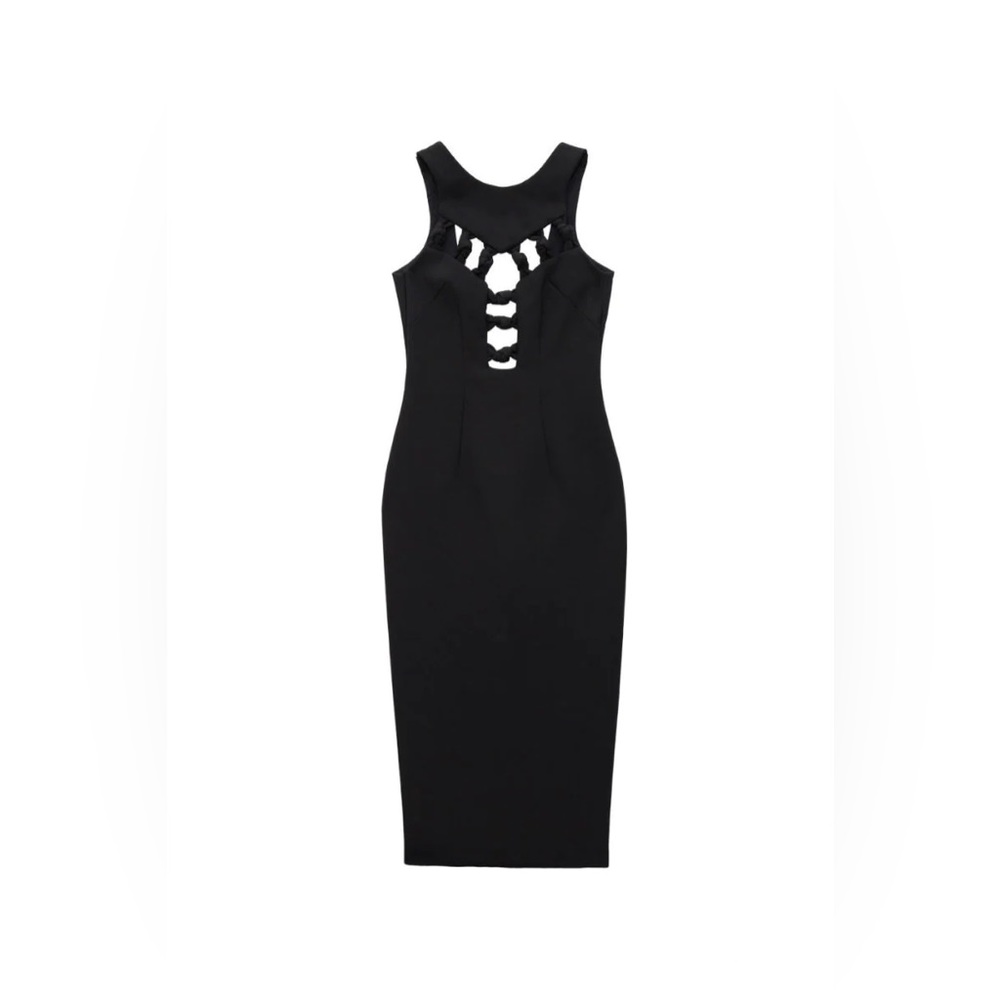 BY JOHNNY Women’s Open Knot Front Black MIDI Dress Size 10 - Picture 3 of 6